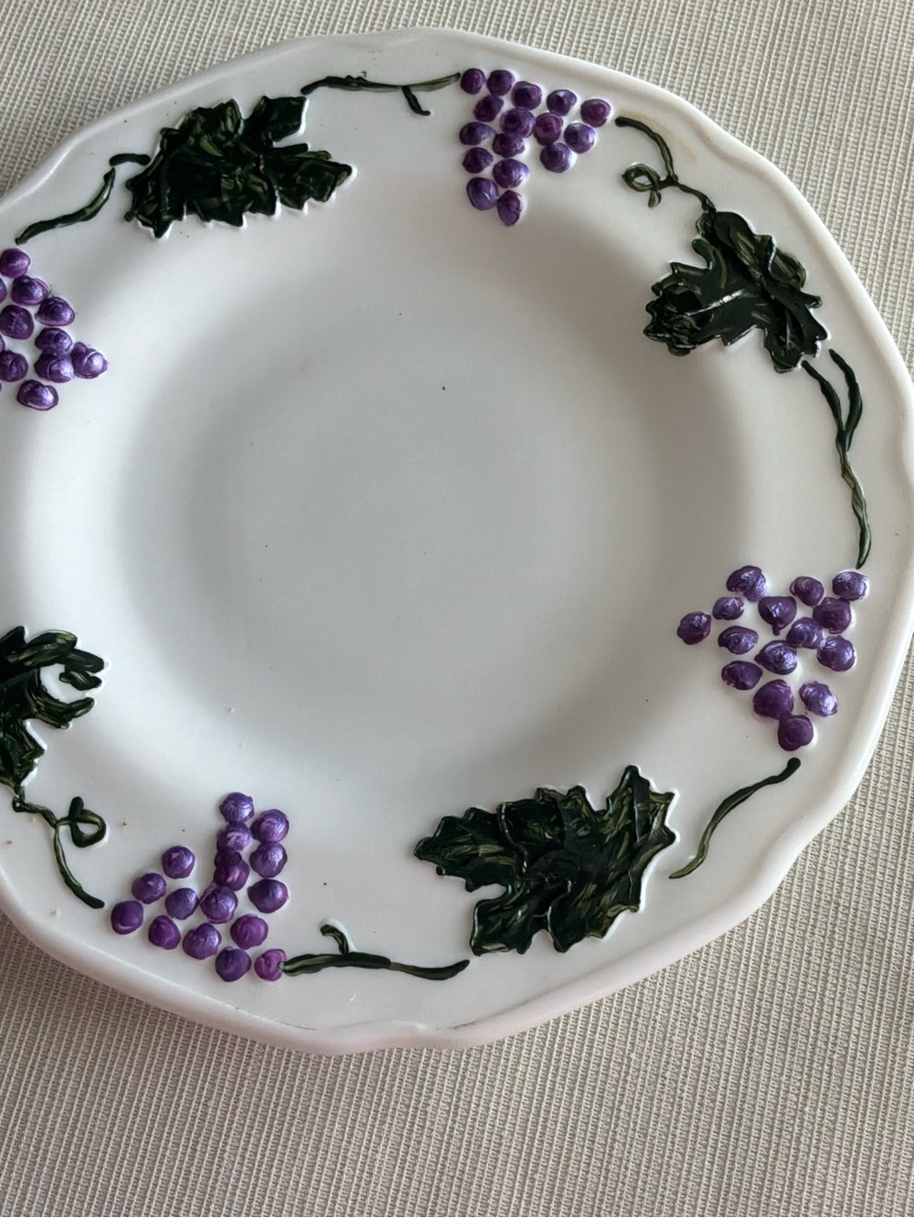 Hand Crafted White Plate with Purple Grape Motif